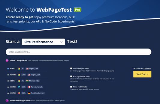 Benchmark and compare tests using WebPageTest